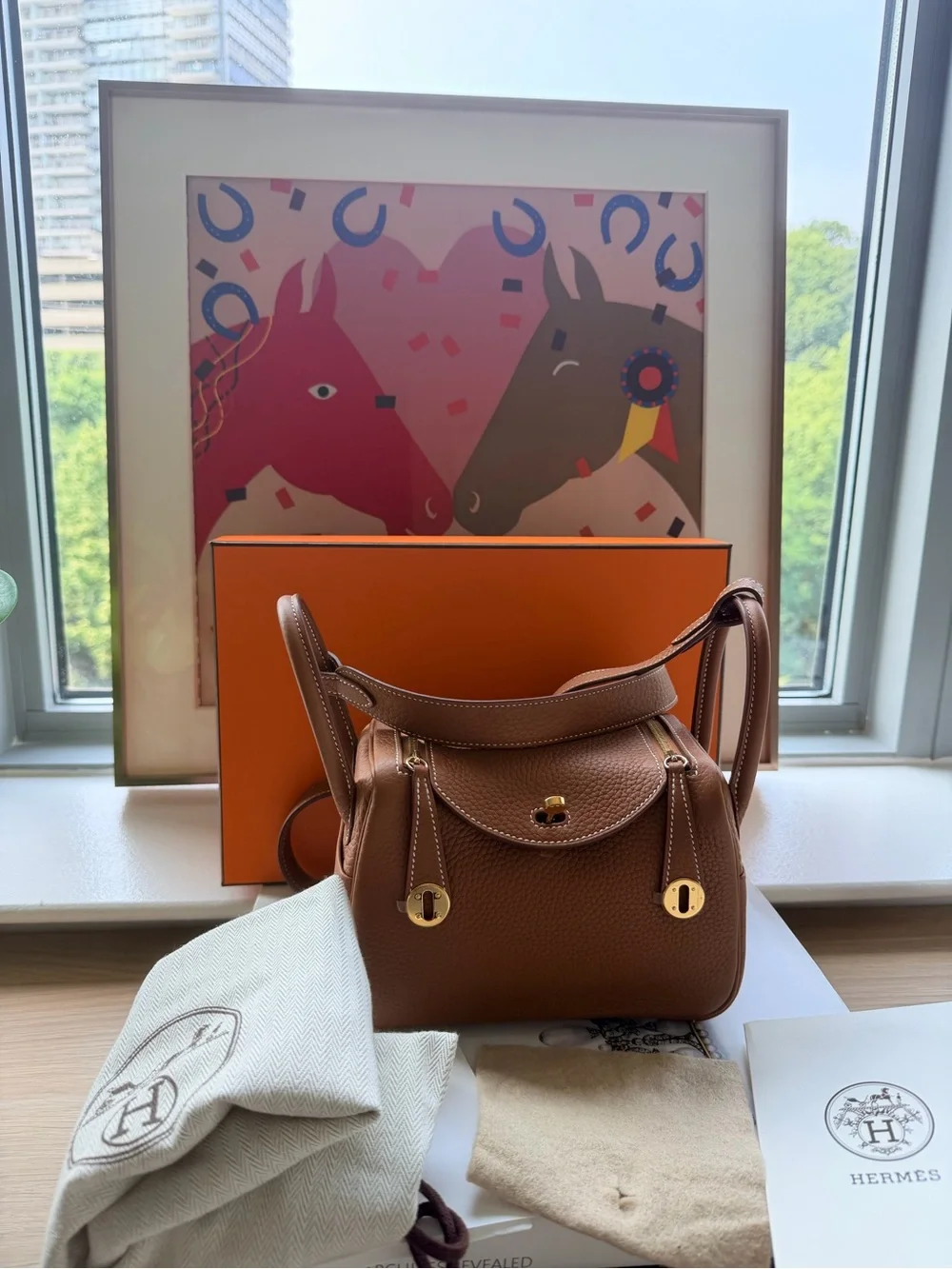 Hermes Mini Lindy Shoulder Bag Gold Brown Clemence Leather Gold Hardware